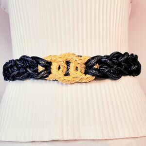 Corded Tapestry Belt Navy Blue Gold Tone 28 Waist Non Adjustable Hook Closure